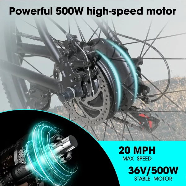 hiland electric bike for adults, 26 inch electric mountain bicycle with removable battery, 500w 36v motor, 7 speeds 20mph ebike