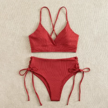 cikini v neck split bikini set for women, sexy swimsuit, lace up, triangular bikinis, solid color, beach swimwear, bathing suit