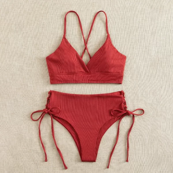 cikini v neck split bikini set for women, sexy swimsuit, lace up, triangular bikinis, solid color, beach swimwear, bathing suit