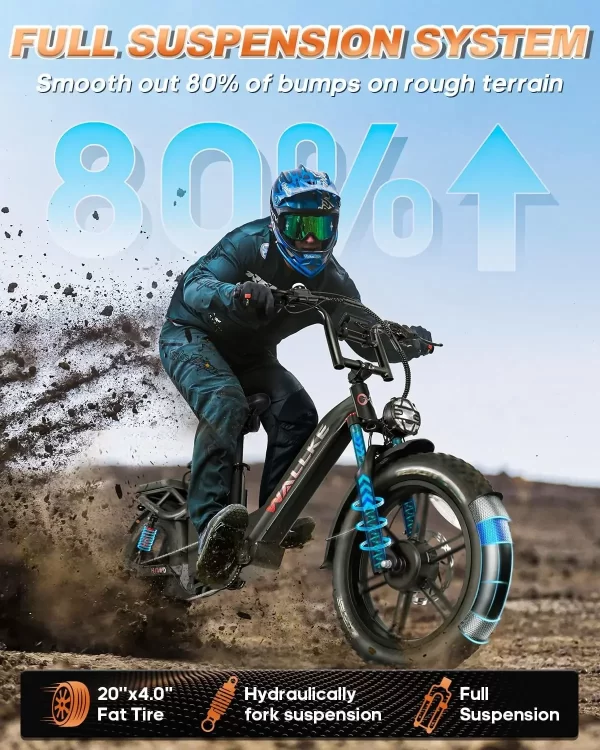 w wallke h7 awd electric bike 60ah 3200w peak dual motor ebike 20” fat tire electric bicycle 34mph step thru e bike app control