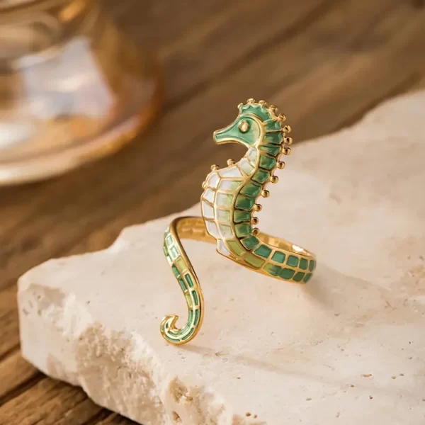 alloy enamel craftsmanship, colorful seahorse shape women's fashion ring adjustable open design ideal for wearing menstruction and party