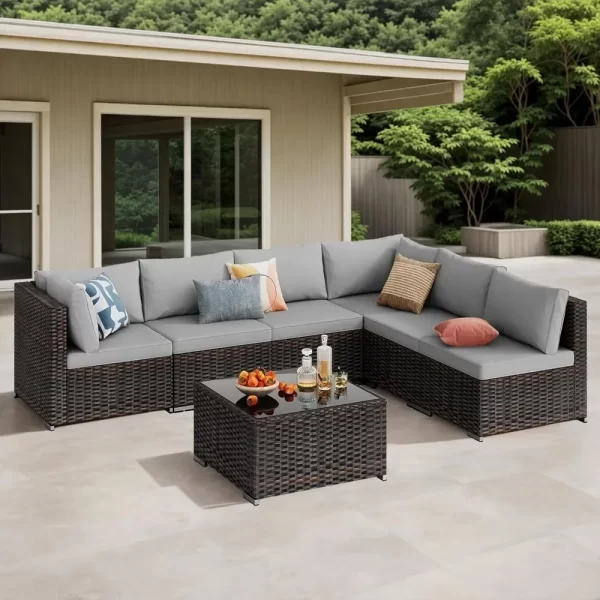 7 pieces outdoor patio furniture set pe rattan outdoor wicker sectional furniture sofa set, with cushions and glass coffee table