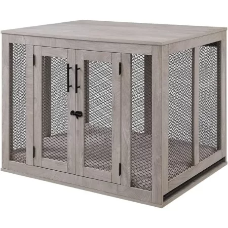 home large dog crate furniture, wooden kennel , inside side end table crate with tray and bed, dog enclosure