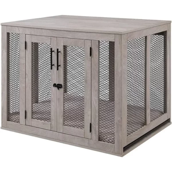 home large dog crate furniture, wooden kennel , inside side end table crate with tray and bed, dog enclosure