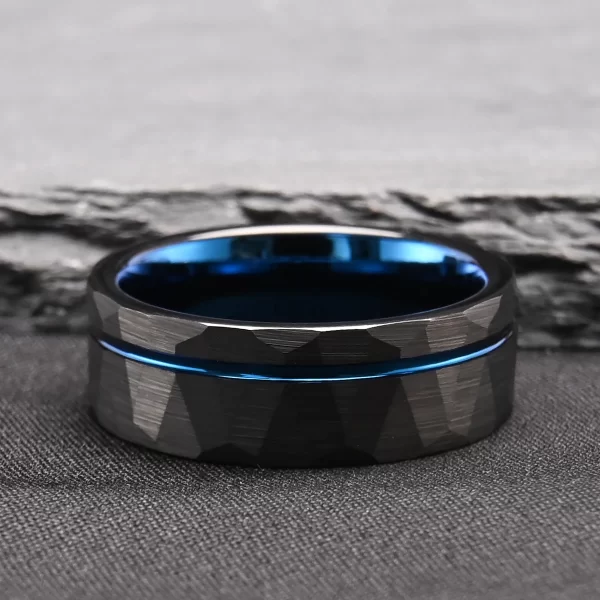 tungsten carbide rings for men women 8mm men's engagement wedding bands black hammered inlay blue grooved matte brushed