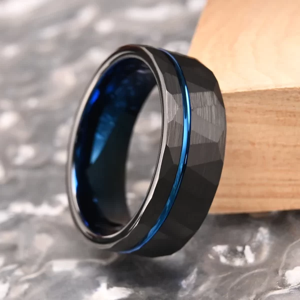 tungsten carbide rings for men women 8mm men's engagement wedding bands black hammered inlay blue grooved matte brushed