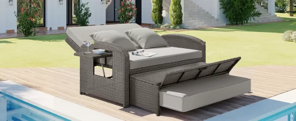 topmax pe wicker rattan double chaise lounge, 2 person reclining daybed with adjustable back and cushions, free furniture protec