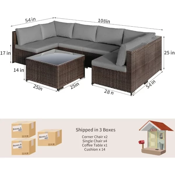 7 pieces outdoor patio furniture set pe rattan outdoor wicker sectional furniture sofa set, with cushions and glass coffee table