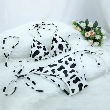 womens bikini set japanese style cute milk cow dotted mini bikini sets underwear halter neck bras top with briefs panty