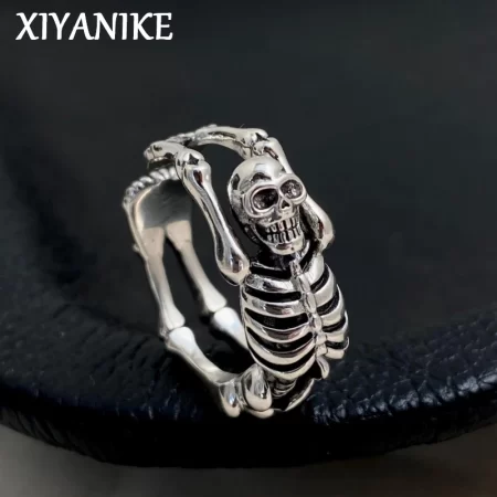 xiyanike vintage thai silver skull skeleton cuff finger rings for men women punk fashion new jewelry gift party anillos mujer