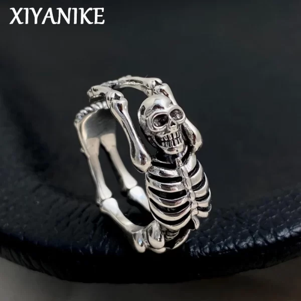 xiyanike vintage thai silver skull skeleton cuff finger rings for men women punk fashion new jewelry gift party anillos mujer