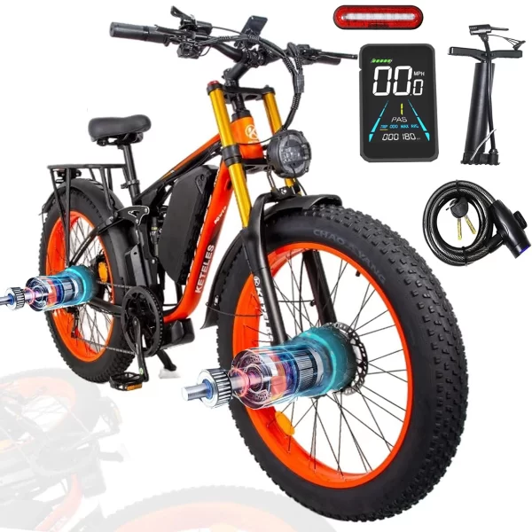 keteles k800 pro adult off road electric bicycle, 2000w/1000w motors, 23ah/ 17.5ah battery, 4.0'' fat tire full suspension ebike