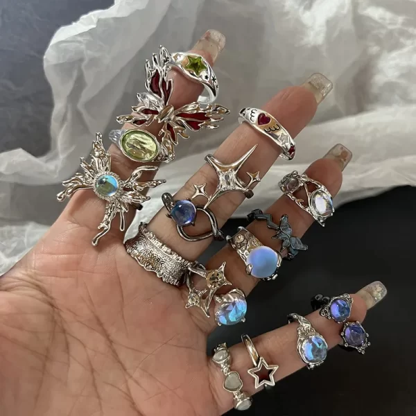 y2k crystal rings kpop heart adjustable ring irregular geometry punk vintage rings set for women girls new fashion jewelry