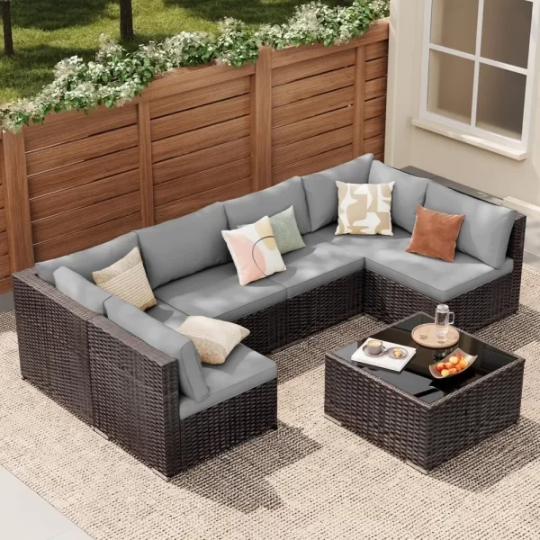 7 pieces outdoor patio furniture set pe rattan outdoor wicker sectional furniture sofa set, with cushions and glass coffee table