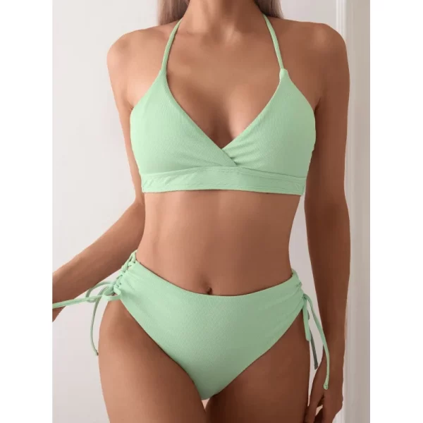 cikini v neck split bikini set for women, sexy swimsuit, lace up, triangular bikinis, solid color, beach swimwear, bathing suit