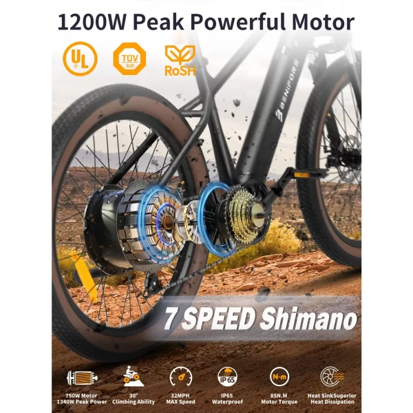 benifore c26 ebike 1200w peak power 48v15ah removable battery city electric bikes 26*3.0 inch off road mountain electric bicycle