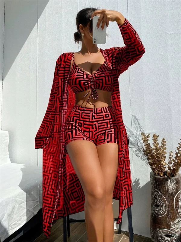 bikini women swimsuit 2025 new lattice sling bikinis set sexy boxer shorts swimwear summer long sleeve beach bathing suit female
