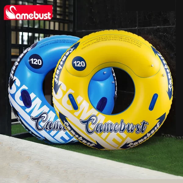 camebust double valves swim ring inflatable float tube water play toys for adult kids blue and yellow color 43in