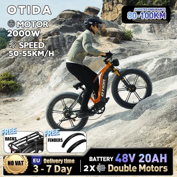 otida new rx80 2000w 55km/h dual motors electric bicycle 48v20ah lithium battery 26 inch 4.0 fatbike electric bike for adults
