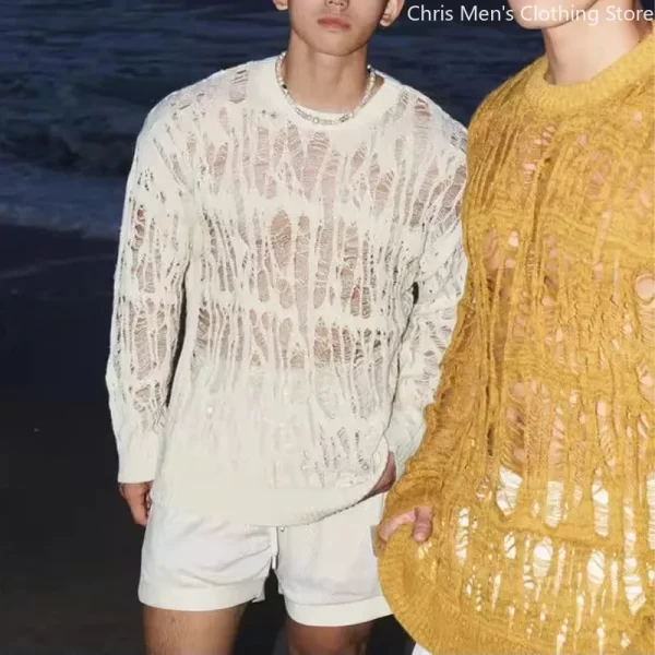 2025 spring fashion knitting t shirt sexy hollow qut mesh knit t shirts men see through ripped crewneek pullover tops for mens