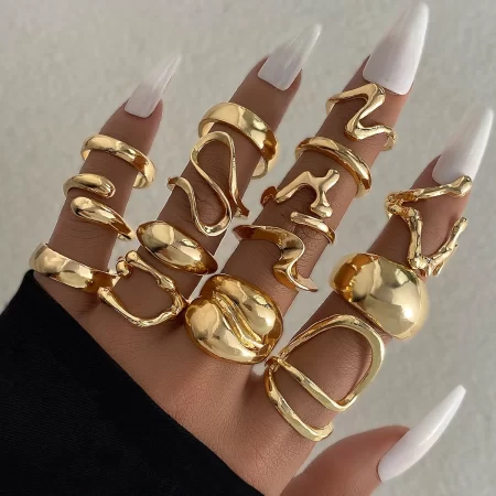 15pcs/set exaggerated metal irregular lines water droplet smooth rings for women men punk retro boho fashion jewelry gift