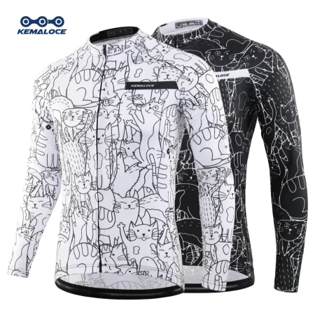 kemaloce cycling jersey long sleeves men&women white&black cartoon 2024 bicycle jersey team summer premium anti uv cycle clothes