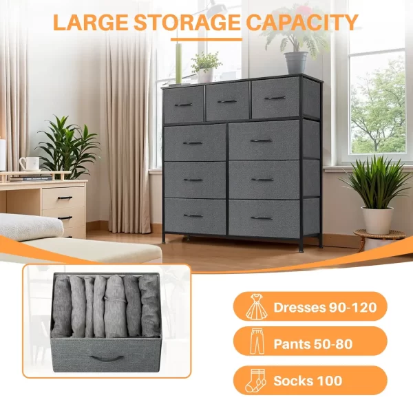 simenmax 9 drawers dresser for bedroom, tall fabric closet chests organizer tower furniture with wooden top metal frame