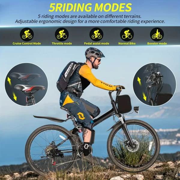 26" folding electric bike for adults, with 500w motor,48v 20mph removable battery, up to 50miles range, cruise control