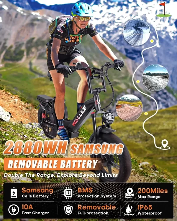 w wallke h7 awd electric bike 60ah 3200w peak dual motor ebike 20” fat tire electric bicycle 34mph step thru e bike app control