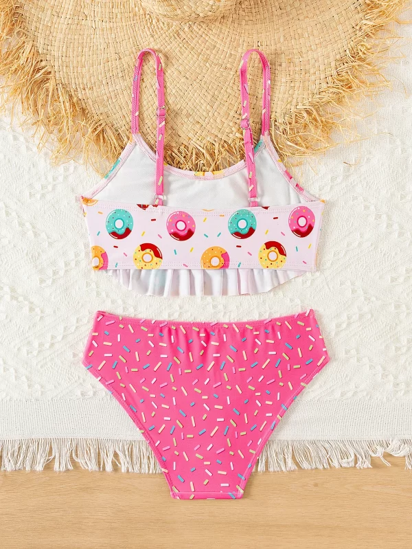 donut print ruffle deco girls kids bikini set summer beach outdoor cute 2 piece swimwear contrast adjustable girls kids swimsuit