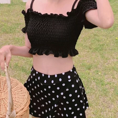 oiinaa swimwear women halter slash neck bikini set pleated ruffled high waist dot skirt summer 2025 vintage hot spring swimwear