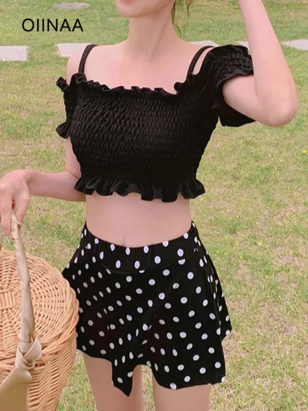 oiinaa swimwear women halter slash neck bikini set pleated ruffled high waist dot skirt summer 2025 vintage hot spring swimwear