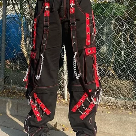 cyber punk unisex cargo wide leg pants chain bandage ruched tie capris pants women gothic baggy trousers bf hippie grunge jogger
