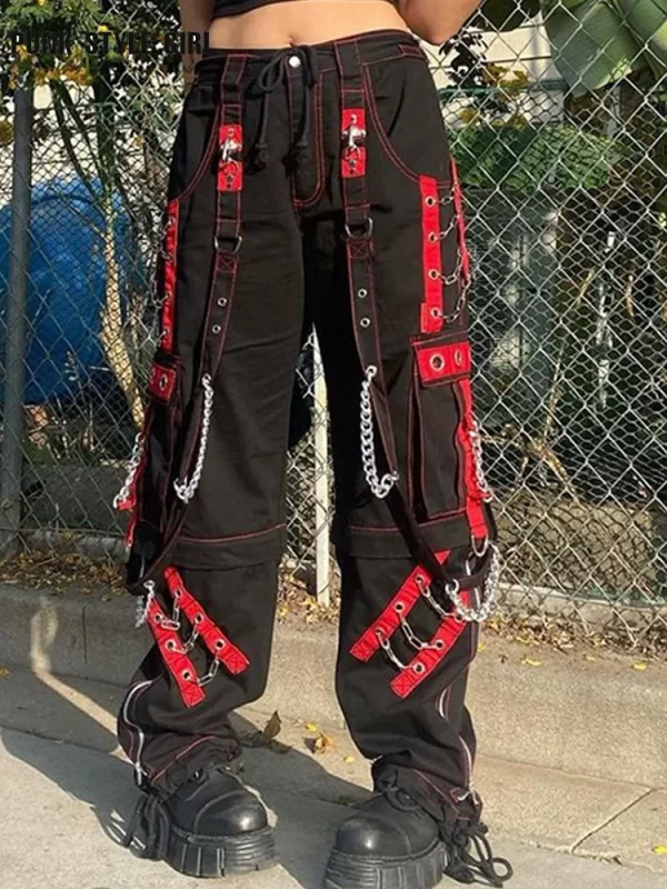 cyber punk unisex cargo wide leg pants chain bandage ruched tie capris pants women gothic baggy trousers bf hippie grunge jogger