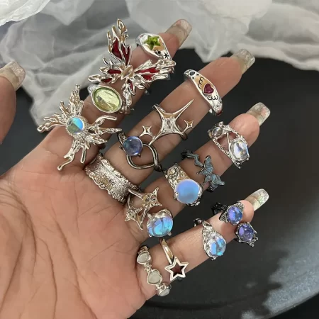 y2k crystal rings kpop heart adjustable ring irregular geometry punk vintage rings set for women girls new fashion jewelry