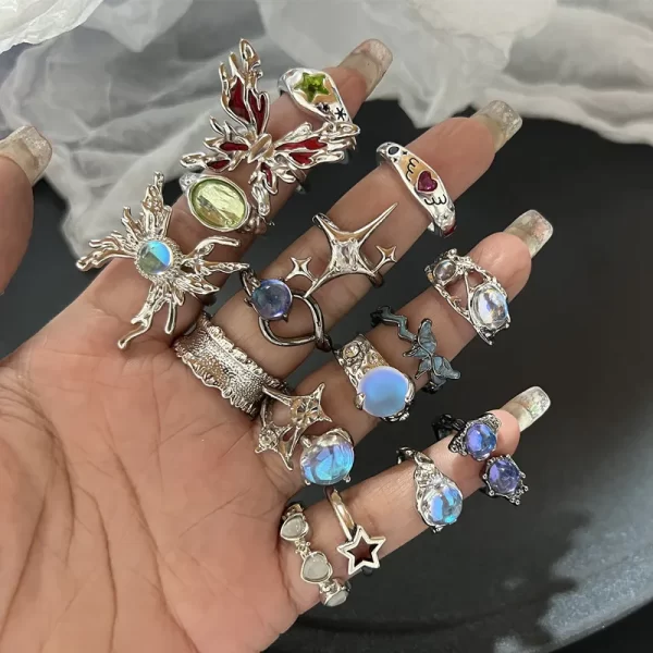 y2k crystal rings kpop heart adjustable ring irregular geometry punk vintage rings set for women girls new fashion jewelry