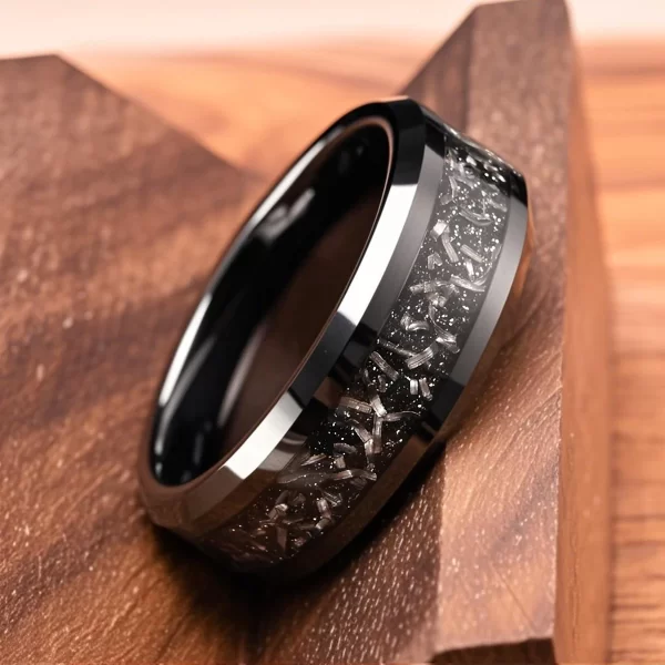 black tungsten carbide ring 8mm flat beveled edge with iron filings inlay matte finish men's wedding band hypoallergenic