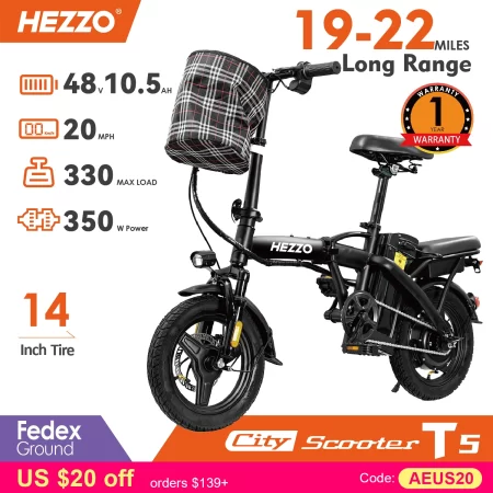 folding electric bike for adult with basket 350w foldable electric bicycle 48v 10.4ah commuting lightweight cycling escooter
