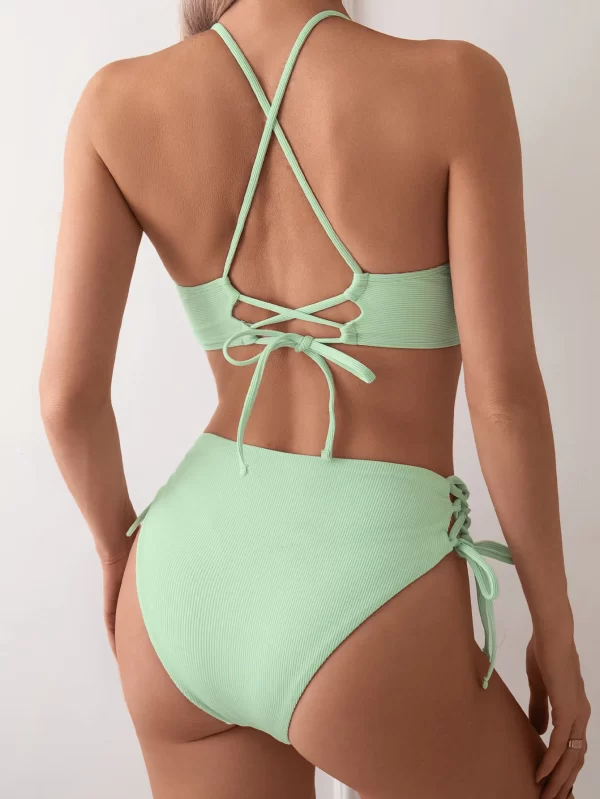 cikini v neck split bikini set for women, sexy swimsuit, lace up, triangular bikinis, solid color, beach swimwear, bathing suit