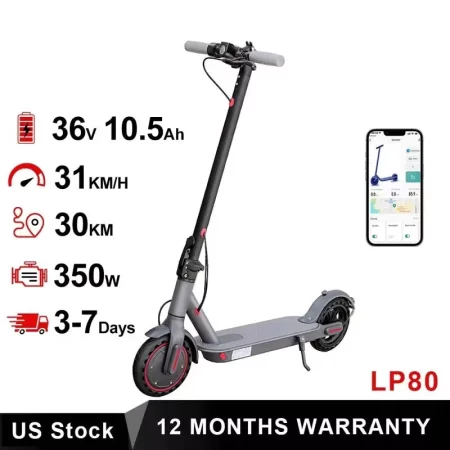 lp80 electric scooter: 350w motor, 31km/h speed, app enabled, shock absorbing, anti skid, 8.5 inch wheels, foldable design.