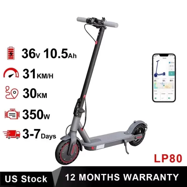 lp80 electric scooter: 350w motor, 31km/h speed, app enabled, shock absorbing, anti skid, 8.5 inch wheels, foldable design.