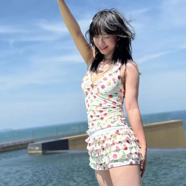 summer fruit series wave dot full print swimsuit lolita seaside ruffle edge shorts two pieces y2k sweet girl swimwear bikini set