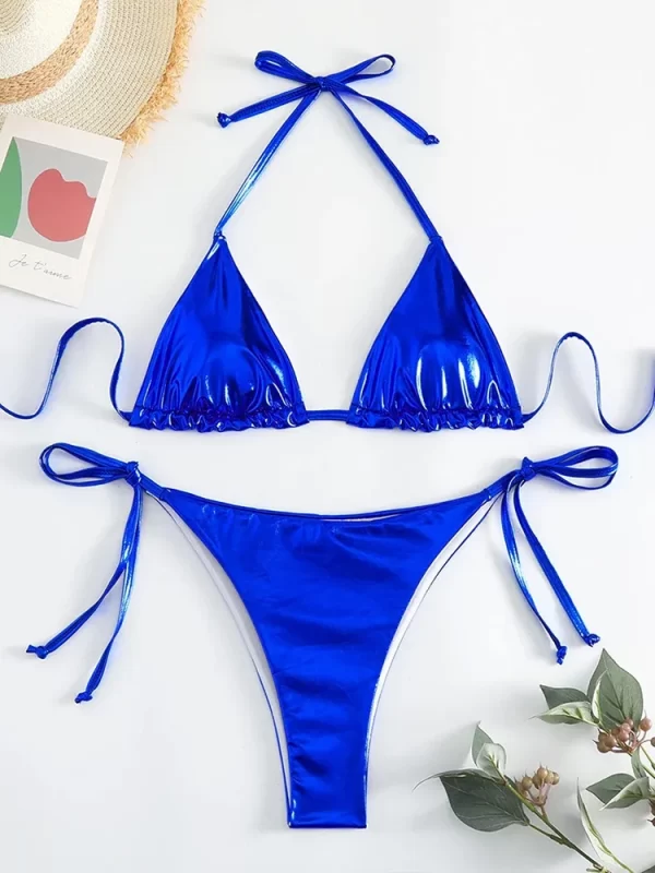sexy metallic halter bikinis sets lace up triangle tie side bikini 2024 swimsuit women swimwear brazilian female bathing suits