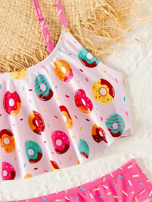 donut print ruffle deco girls kids bikini set summer beach outdoor cute 2 piece swimwear contrast adjustable girls kids swimsuit