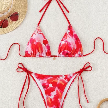 2025 new summer swimwear bikini set sexy print laced up backless bikini 2 piece set women split swimsuit high waist beach bikini