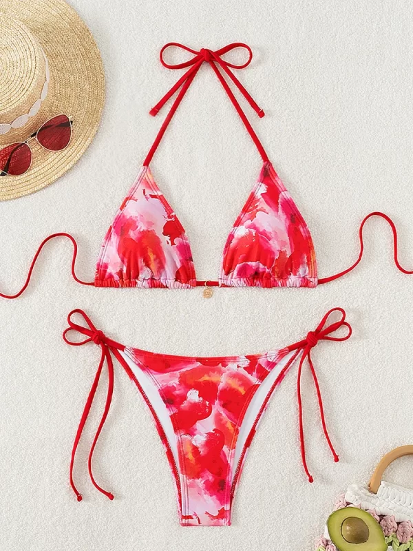 2025 new summer swimwear bikini set sexy print laced up backless bikini 2 piece set women split swimsuit high waist beach bikini