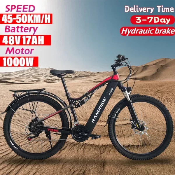 randride yg90 electric bicycle 1000w 48v17ah hydraulic brake ebike with full suspension 21 gears shift free rack
