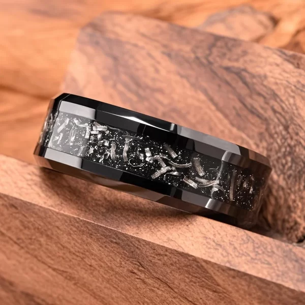 black tungsten carbide ring 8mm flat beveled edge with iron filings inlay matte finish men's wedding band hypoallergenic