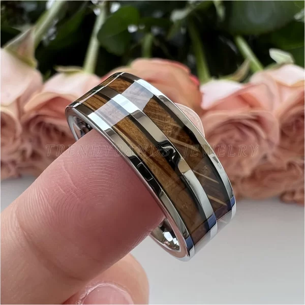 8mm men's women's ring tungsten wedding band couple's fashion jewelry whisky barrel wood inlay polished shiny comfort fit