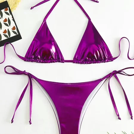 sexy metallic halter bikinis sets lace up triangle tie side bikini 2024 swimsuit women swimwear brazilian female bathing suits